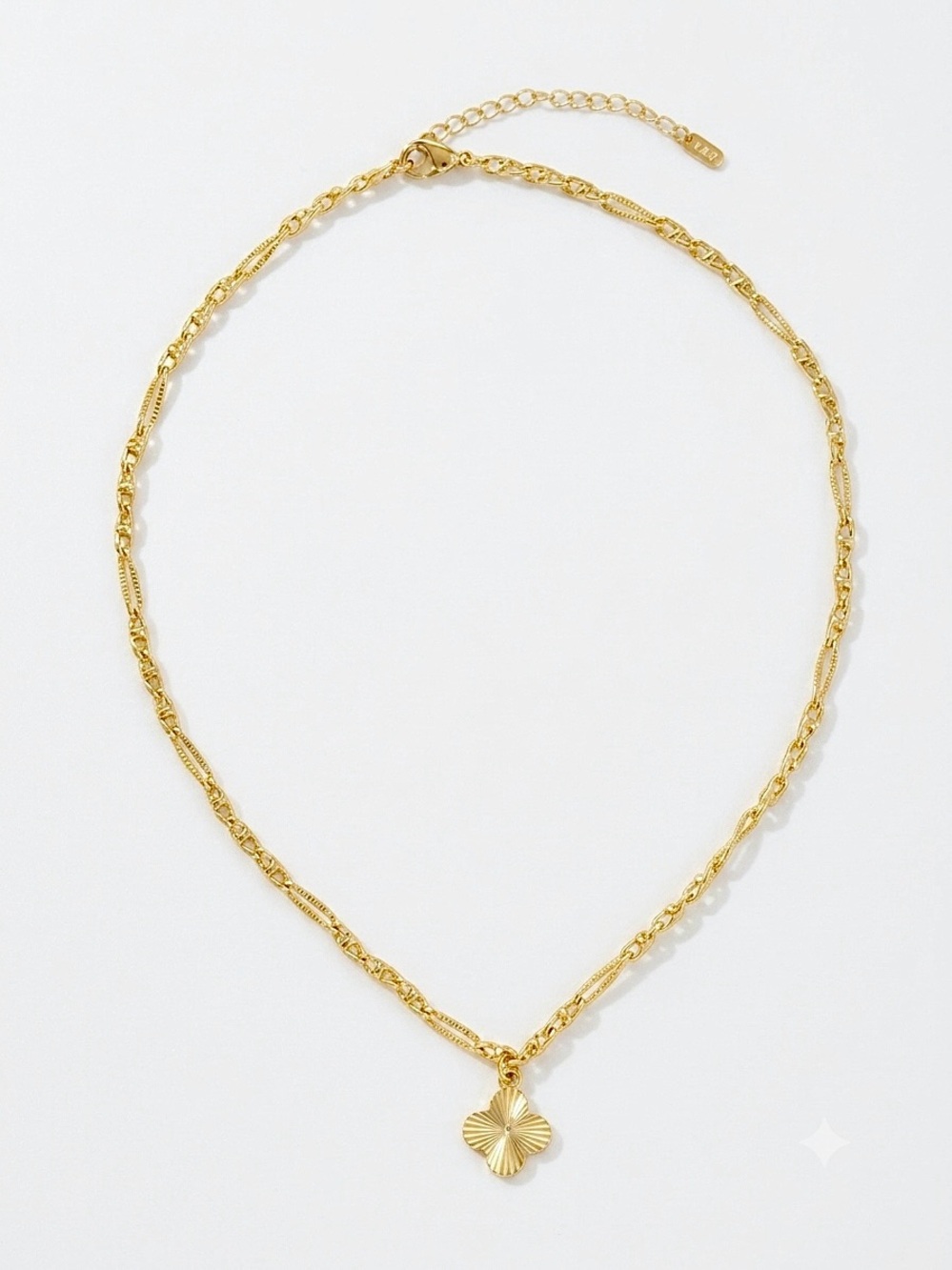 14K Gold Plated Clover Pendant with Textured Chain Necklace
